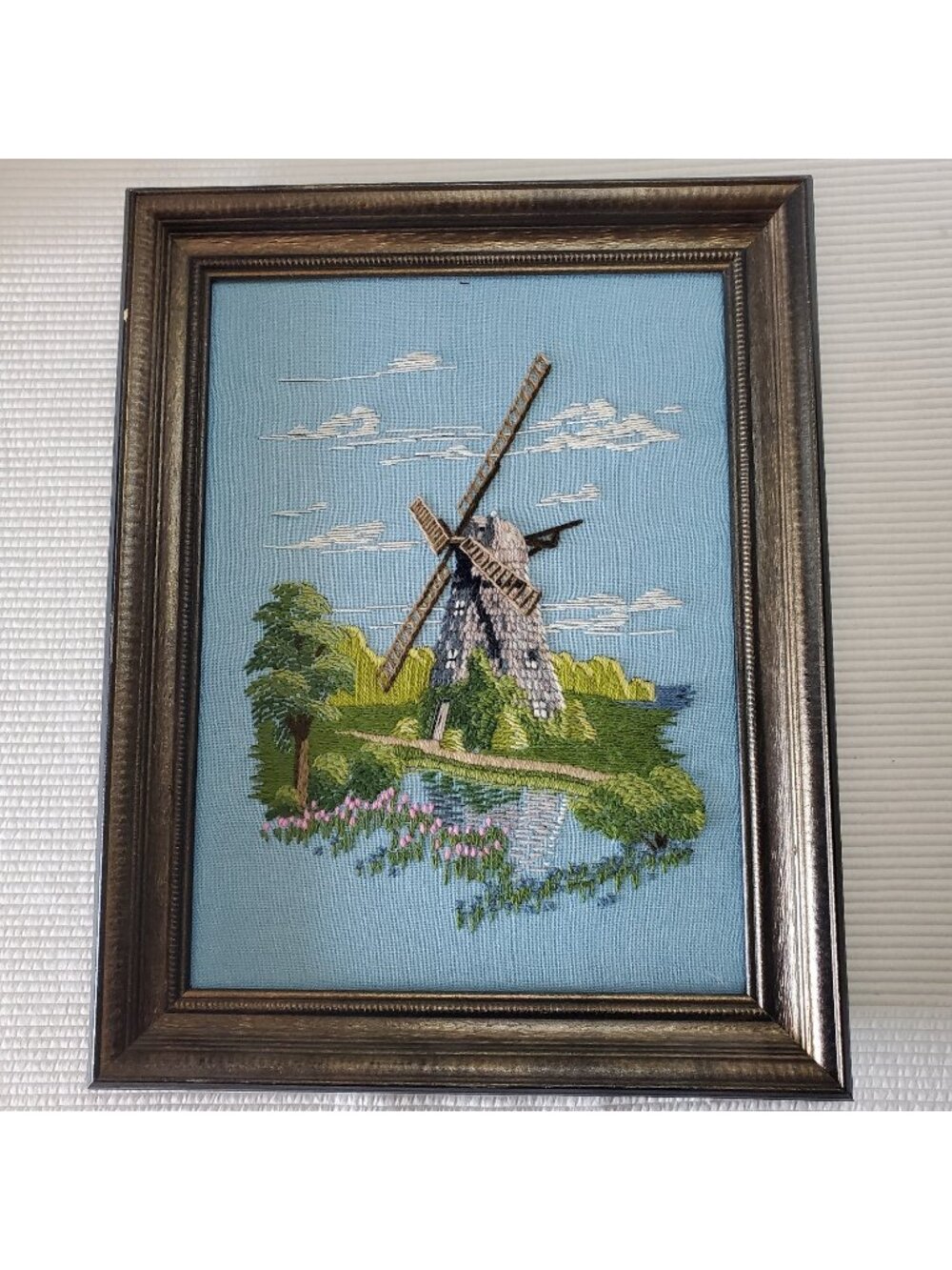 Embroidered Southampton Petticoat Windmill Crewel Tapestry 19"x15" Framed
